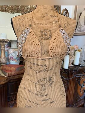 Vintage Sexy Boho Hippie Bling Rhinestone Crochet Strappy Petite Bikini Top Bra